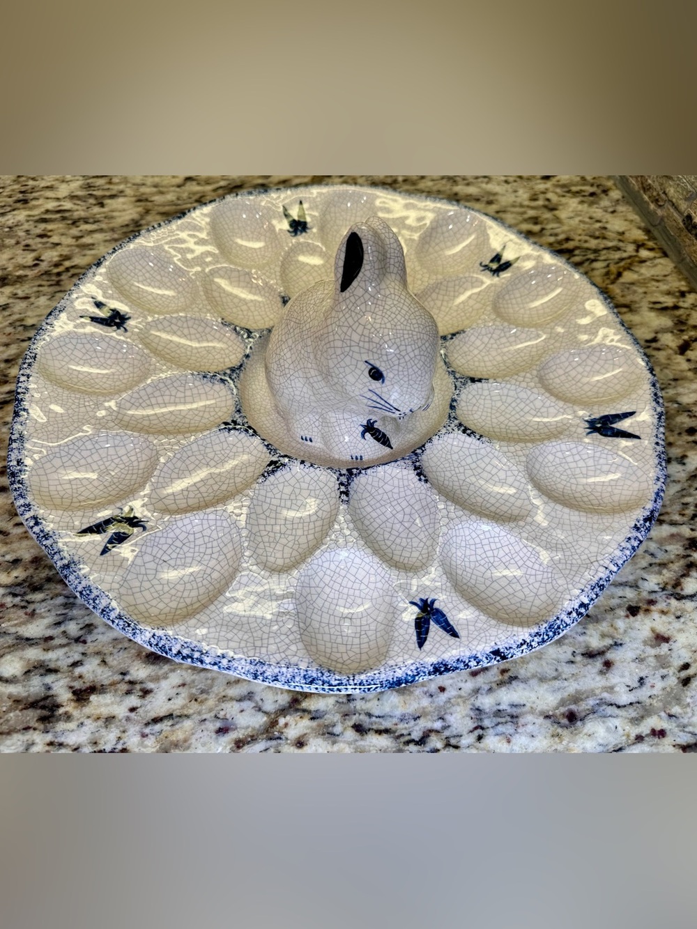 Ceramic Bunny Deviled Egg Platter - Blue and Cream Potting Shed Dedham